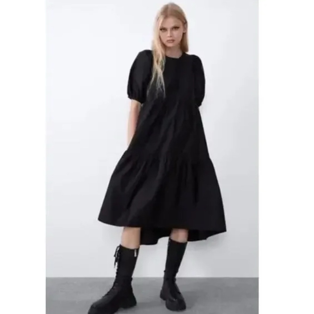 Zara black Elegant tiered poplin dress with puff sleeves